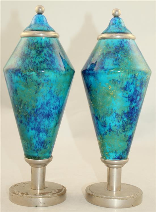 A pair of Paul Milet Sevres Art Deco pottery and chrome electroplate mounted vases and integral covers, c.1930, 25cm.